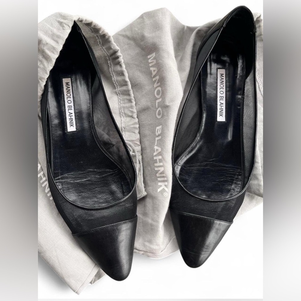 Manolo Blahnik Black Leather and Mesh Flats - Picture 3 of 10